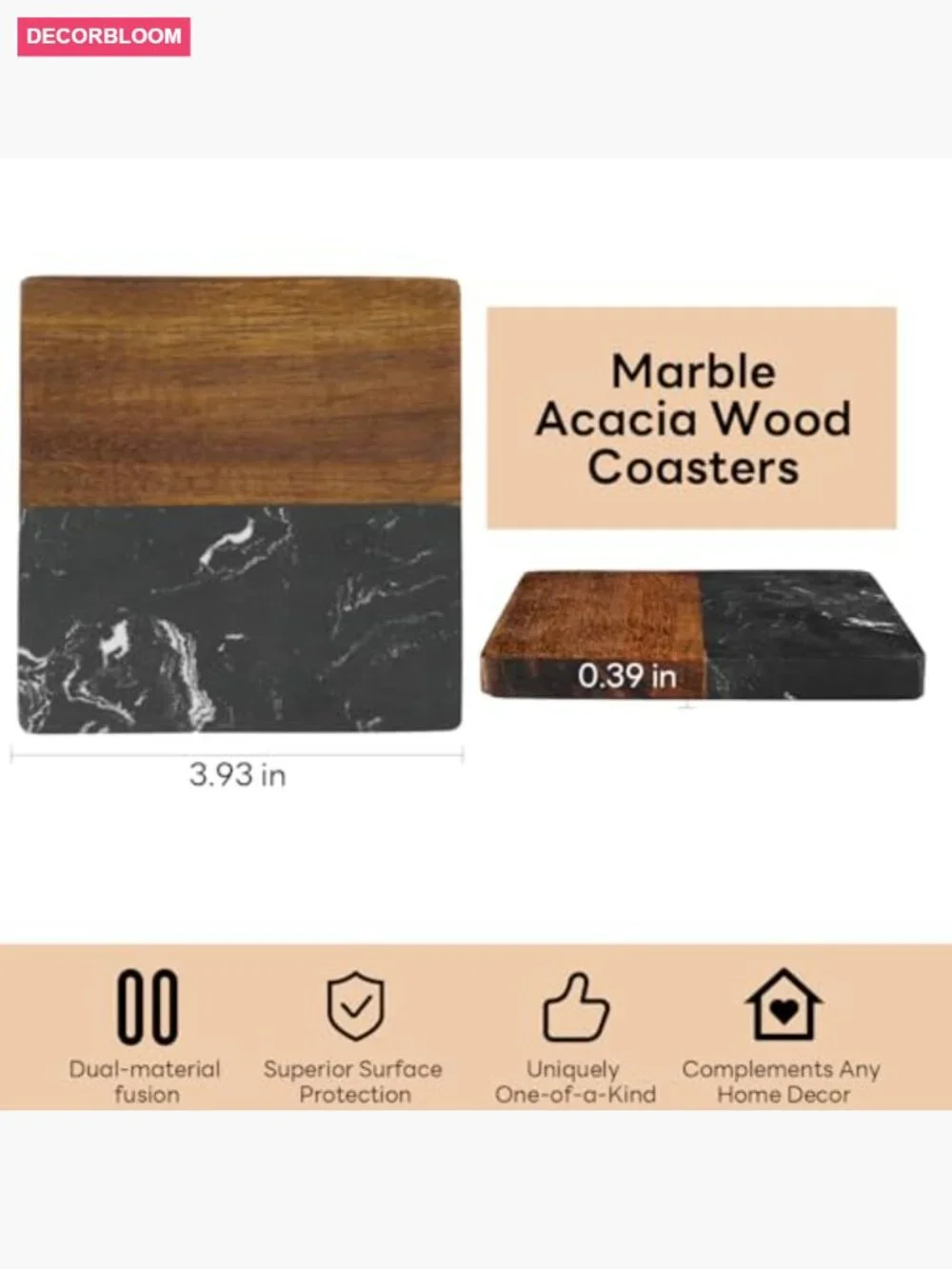 4-Piece Acacia Wood Marble Coasters Set for Kitchen Office